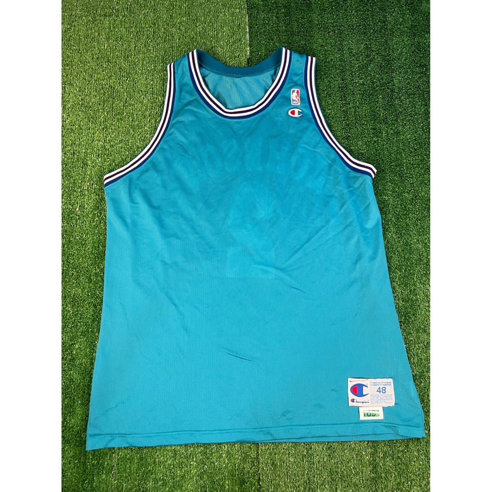 Vintage Champion Charlotte Hornets Larry Johnson Jersey Teal NBA 48 Made in USA